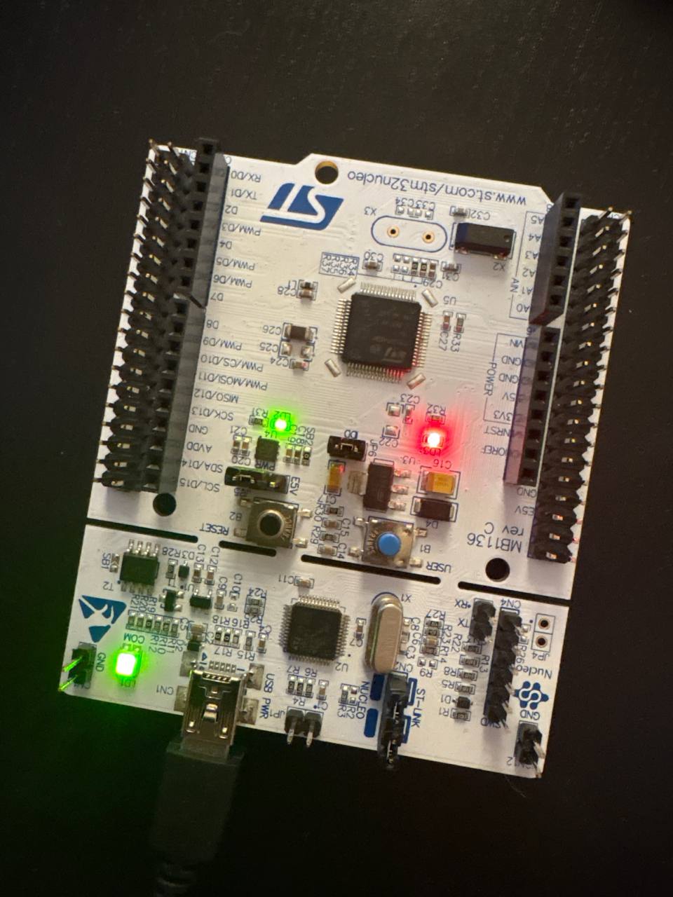STM32 NUCLEO-F401RE board connected over USB, status LEDs lit
